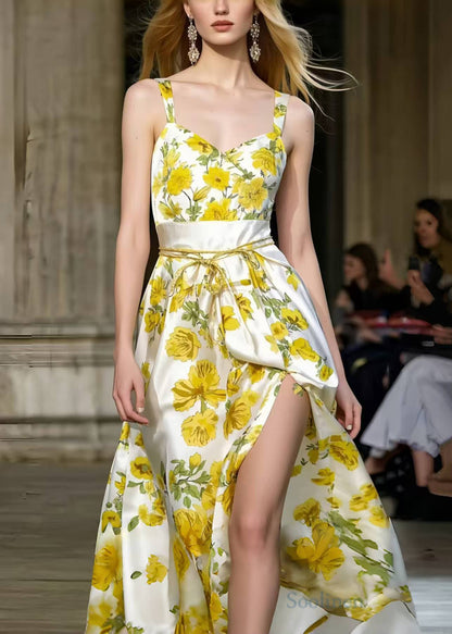 Silm Fit Yellow Floral Print Side Open Silk Sundress Summer