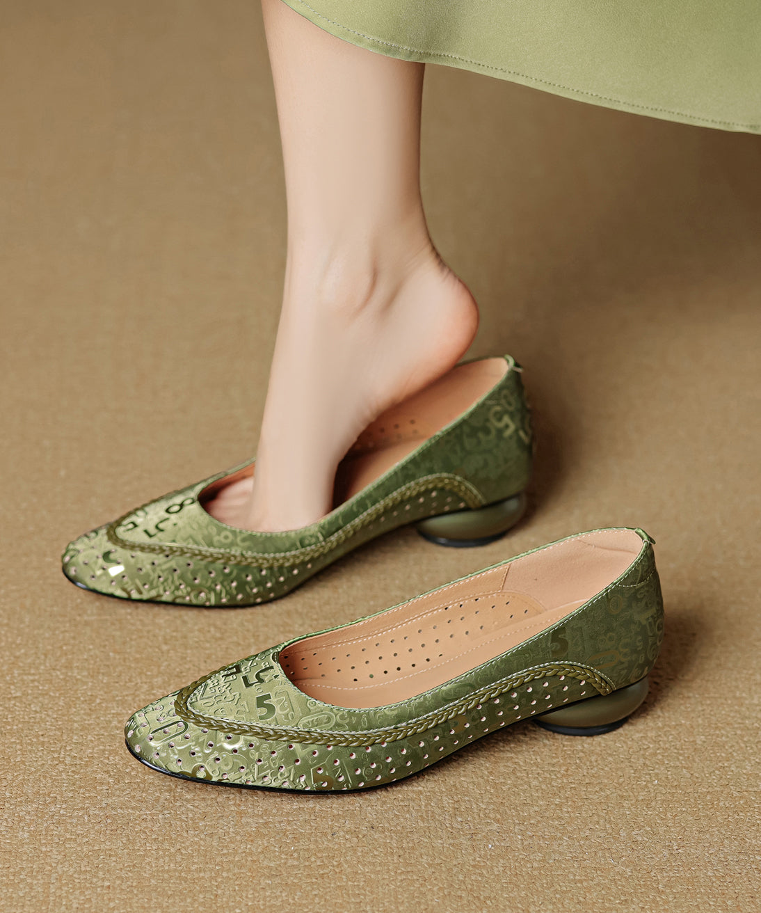 Vintage Splicing Chunky Shoes Green Cowhide Leather Breathable