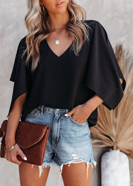 Simple Rose V Neck Solid Cotton T Shirt Summer
