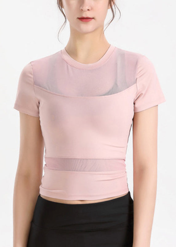 Sexy White Tulle Patchwork Short Sleeve Yoga Top