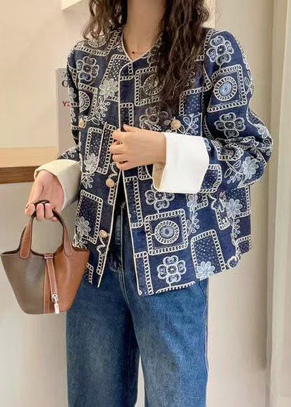 Chic Blue Embroidered Sequins Denim Coats Spring