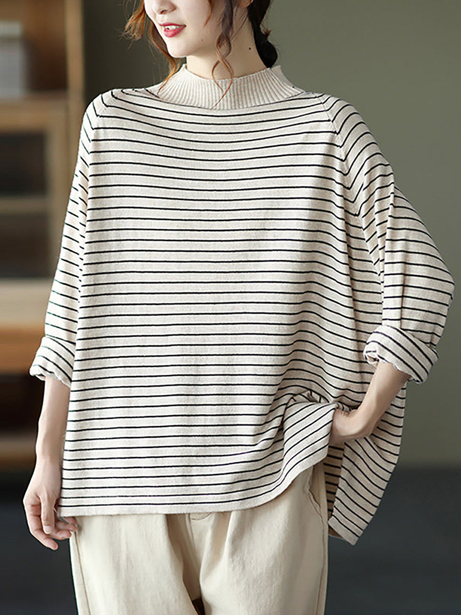 Plus Size - Stripes Turtleneck Knitted Long Sleeve Sweater
