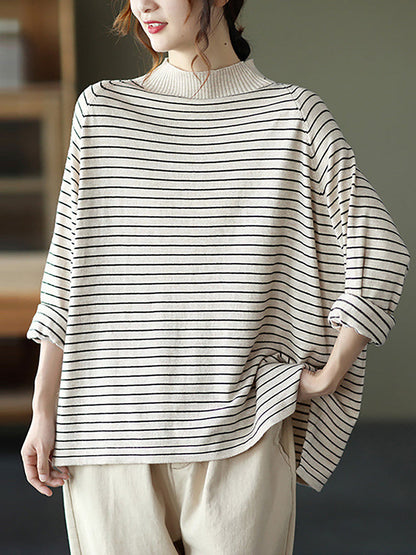 Plus Size - Stripes Turtleneck Knitted Long Sleeve Sweater