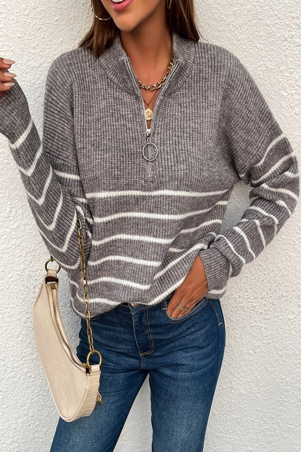Striped Zipper Contrast Sweater