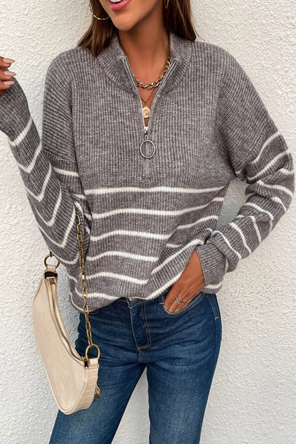 Striped Zipper Contrast Sweater