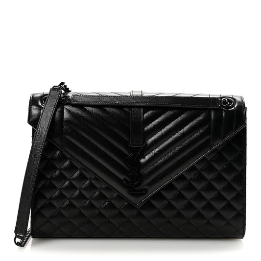 Grain De Poudre Textured Mixed Matelasse Large Triquilt Monogram Monochrome Satchel Black