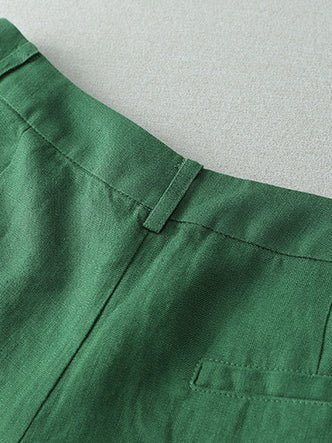Solid Color Mid-waistline Casual Linen Wide Leg Shorts