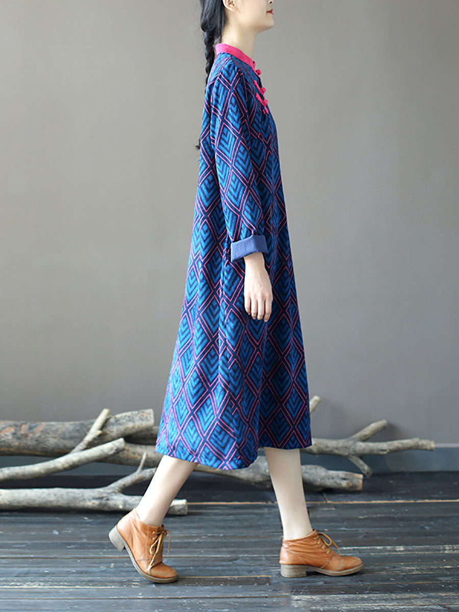 Women Winter Vintage Rhomboids Frog Spliced Long Dress