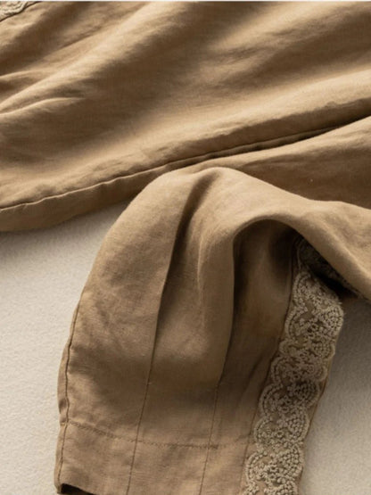Pure Color Lace Stitching Casual Linen Harem Pants With Pockets