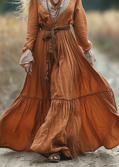 Vintage Pastoral Style V-neck Lace Patchwork Long Dress Spring