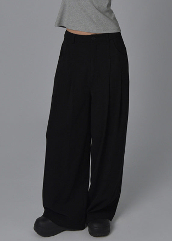 Casual Black High Waist Pockets Wide Leg Pants Summer