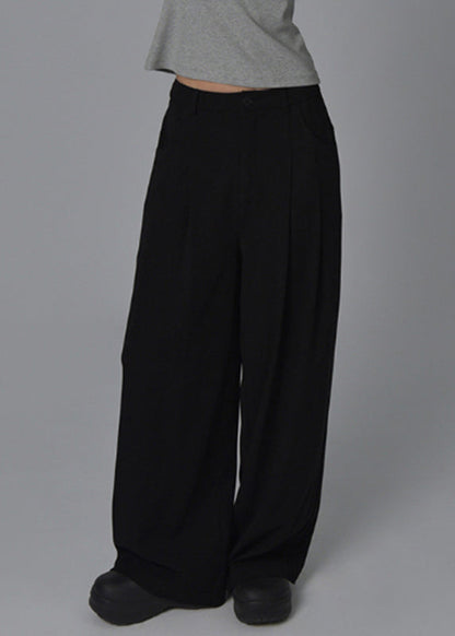 Casual Black High Waist Pockets Wide Leg Pants Summer