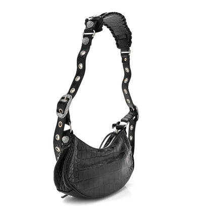 Extra Supple Calfskin Crystal Crocodile Embossed Le Cagole Shoulder Bag XS Black