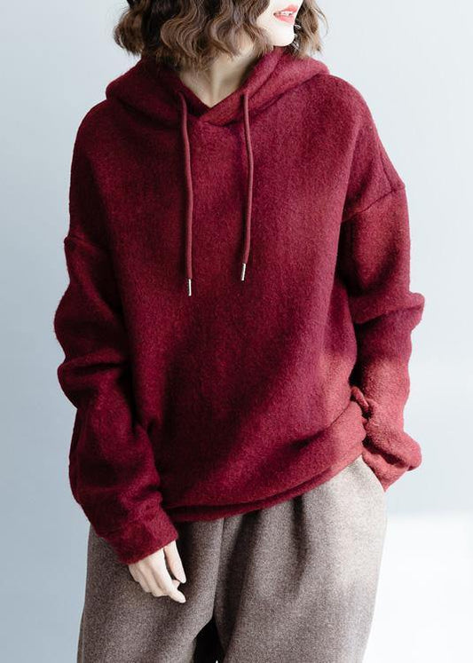 Cozy burgundy knit blouse wild plus size clothing hooded knitted blouse
