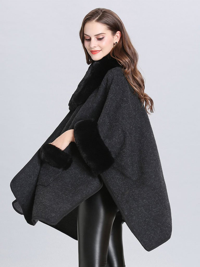 Poncho Knitwear Women Faux Fur Coat Shawl Collar Sweaters
