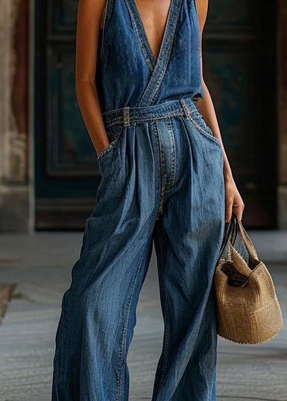 New Blue V Neck Pockets Denim Jumpsuit Sleeveless