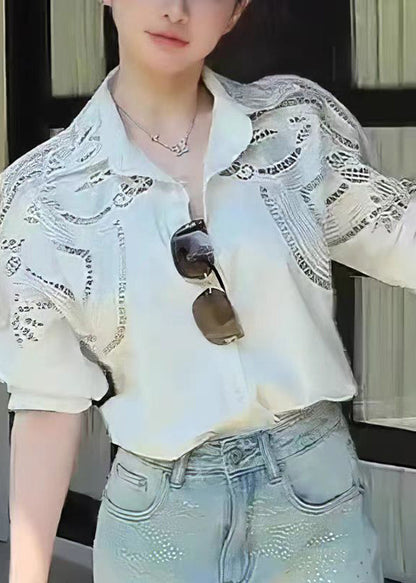 Women White Peter Pan Collar Hollow Out Cotton Blouses Fall