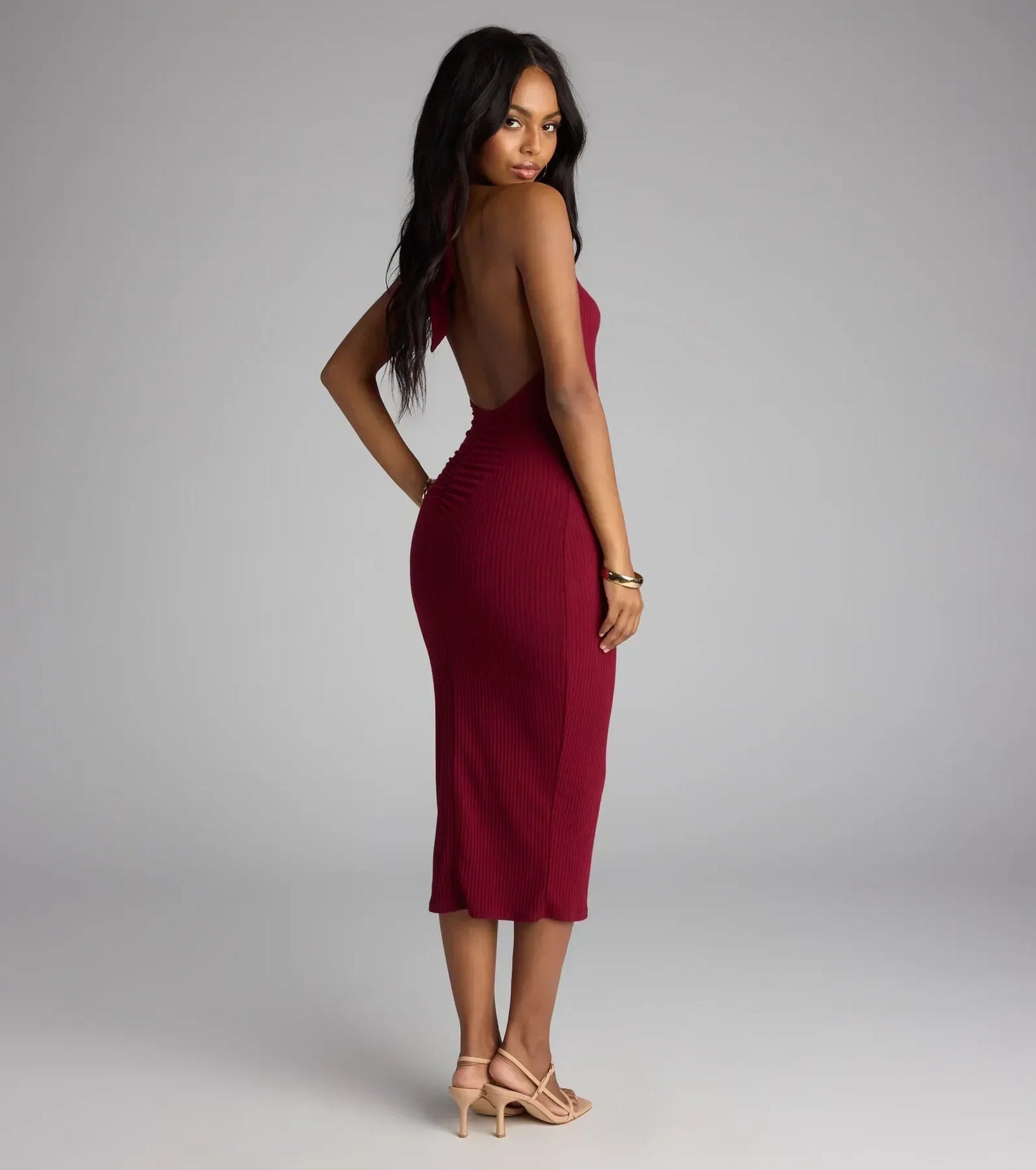 Chic Cutie Ribbed Knit Halter Midi Dress