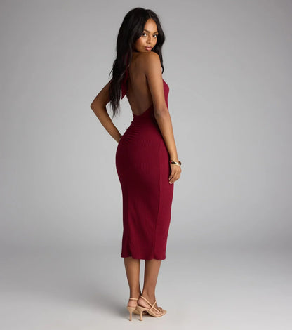 Chic Cutie Ribbed Knit Halter Midi Dress