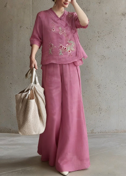Vintage Rose Embroidered Tie Waist Top And Wide Leg Pants Two Pieces Set Half Sleeve
