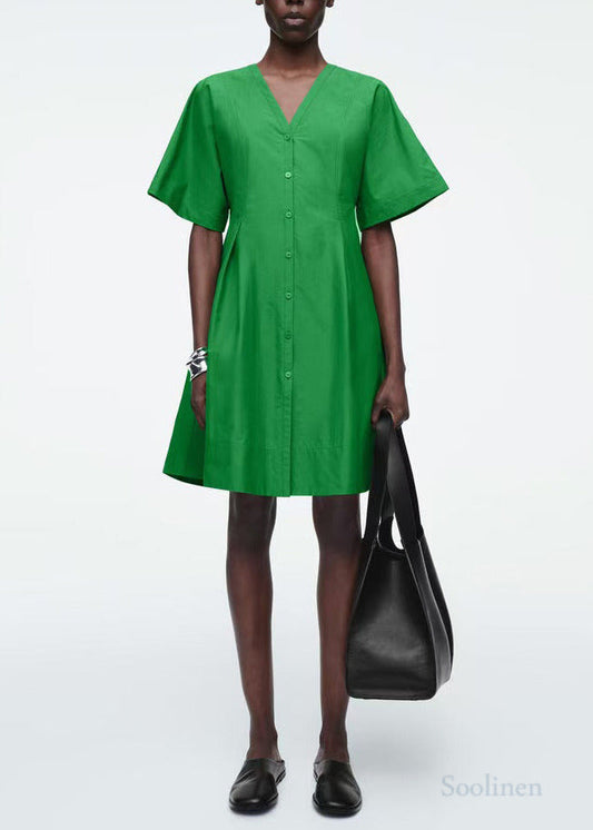 Vintage Grass Green V Neck Cotton Work Dress Summer
