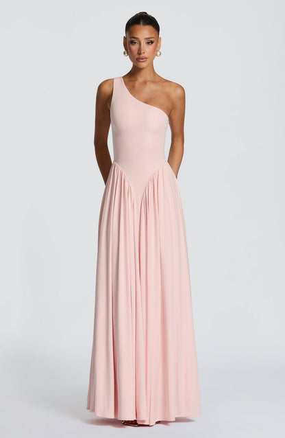 Blush Pink One-Shoulder Pleated Maxi Gown