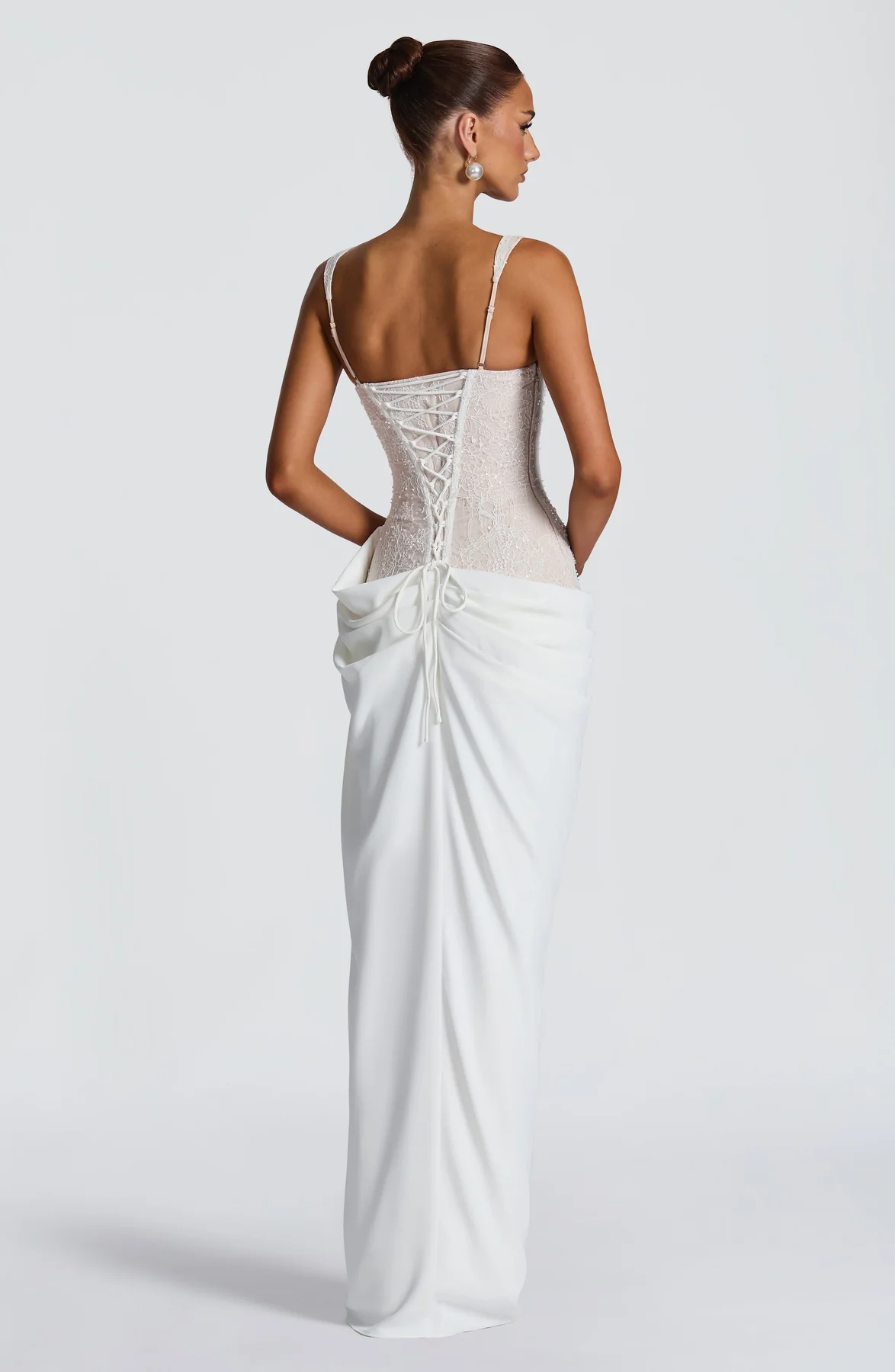 White Lace Corset Lace-Up Cami Ruched Maxi Dress | Luxury Elegant Wedding Evening Gown
