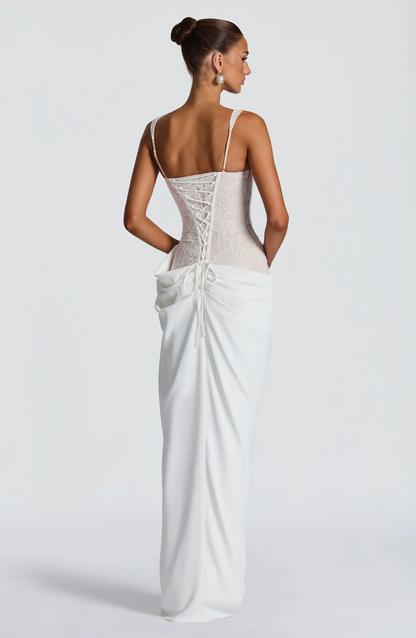 White Lace Corset Lace-Up Cami Ruched Maxi Dress | Luxury Elegant Wedding Evening Gown
