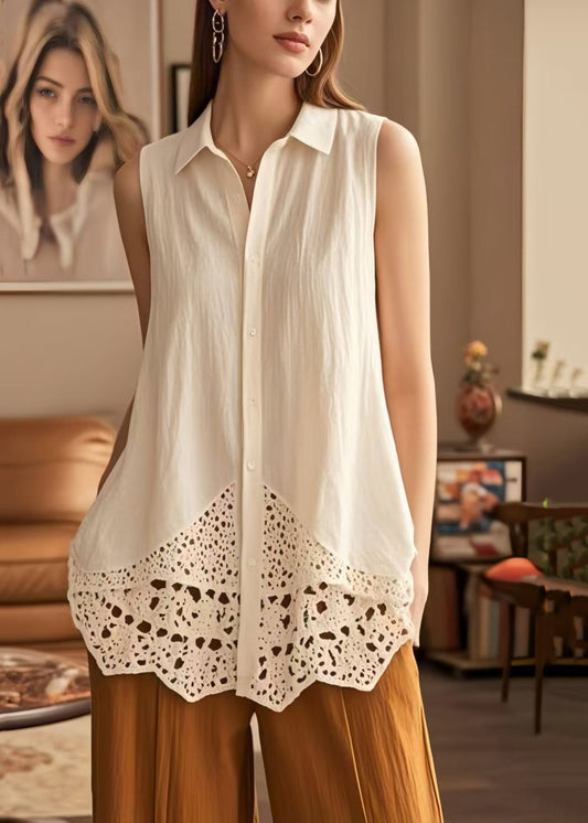 Vintage White Peter Pan Collar Patchwork Cotton Blouses Sleeveless