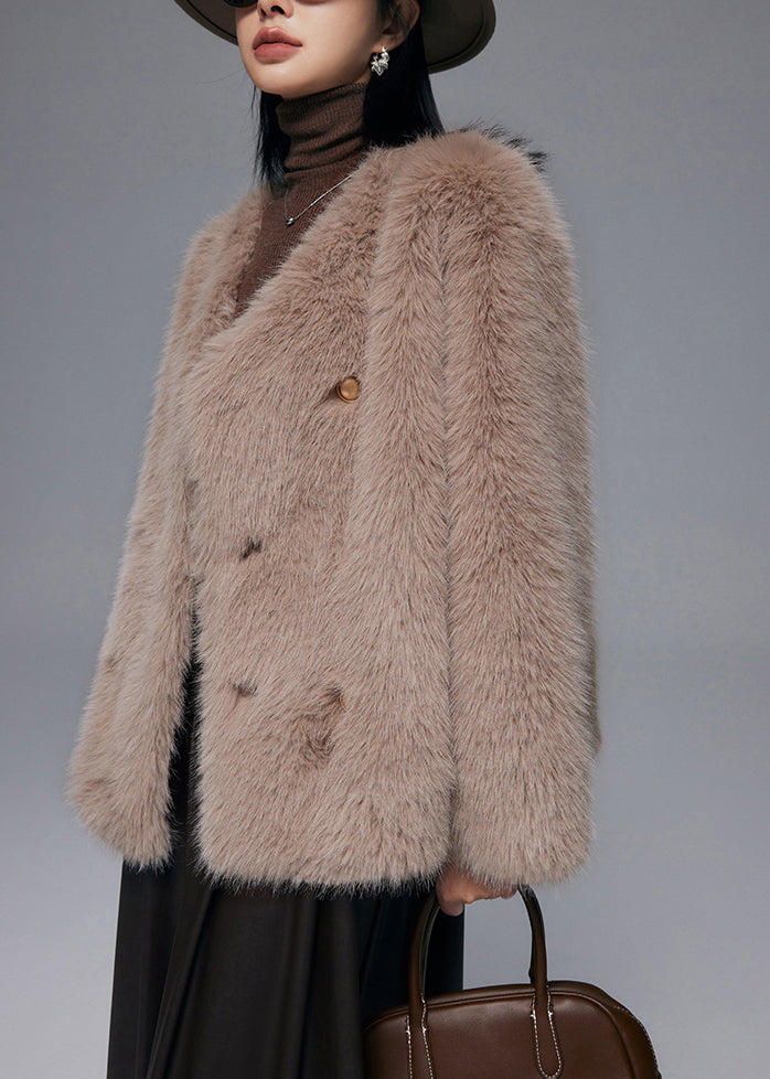 Brown Warm Faux Fox Fur Coats V Neck Double Breast Winter