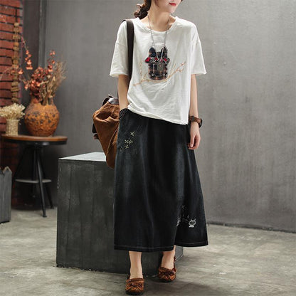 Embroidered Denim Retro Art Ladies Long Skirt