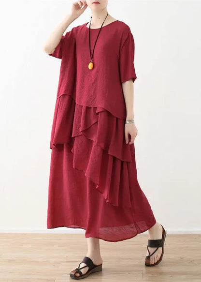 French red linen cotton dresses Omychic Tutorials asymmetric Robe summer Dresses