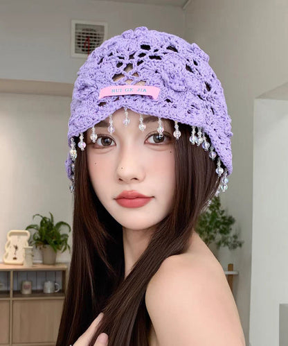 Bohemian Blue Floral Tassel Hollow Out Knit Boonie Hat
