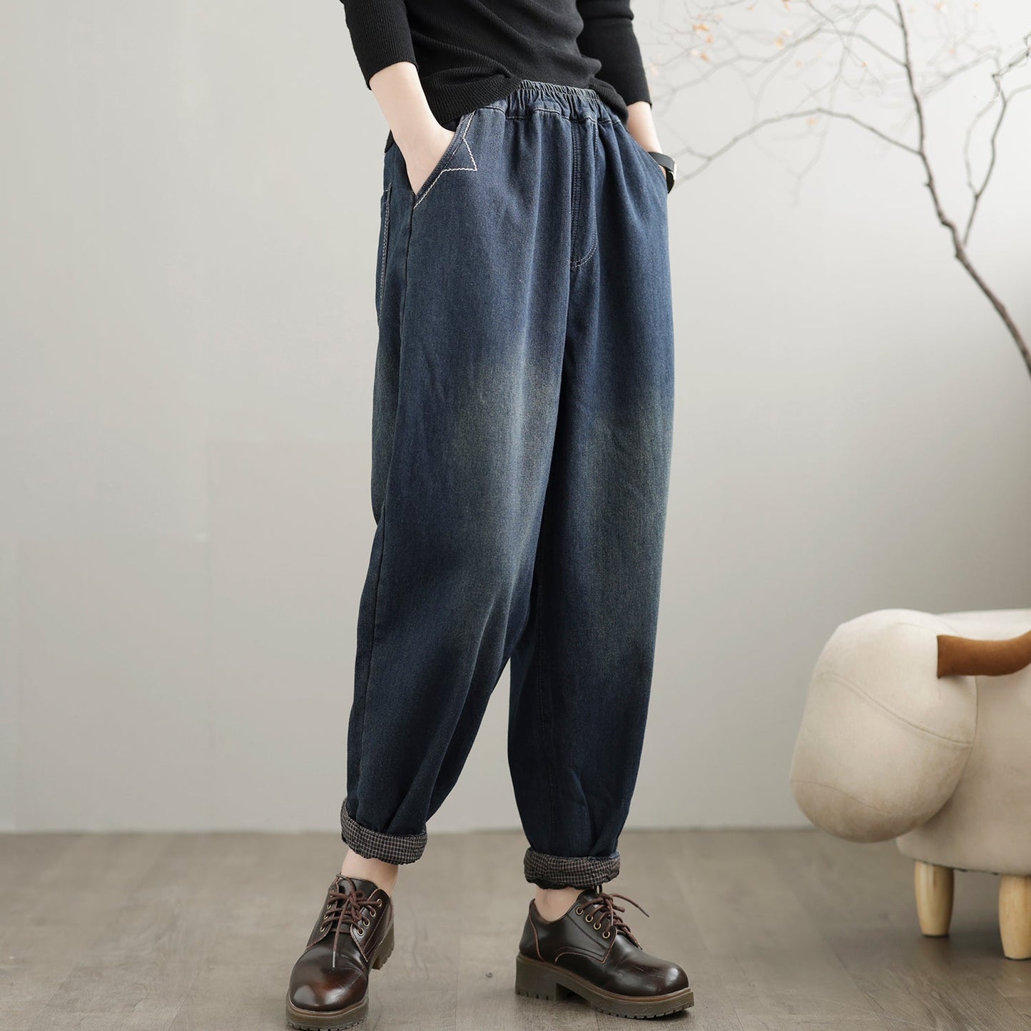 Winter Loose Retro Patchwork Casual Furred Jeans