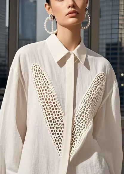 White Patchwork Cotton Shirts Hollow Out Spring