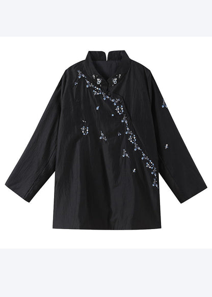 Vintage Black Mandarin Collar Embroidered Cotton Tops Fall
