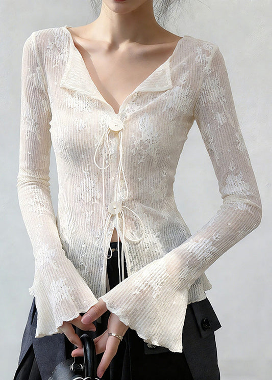 Slim Fit White Embroidered Lace Up Thin Shirts Flare Sleeve