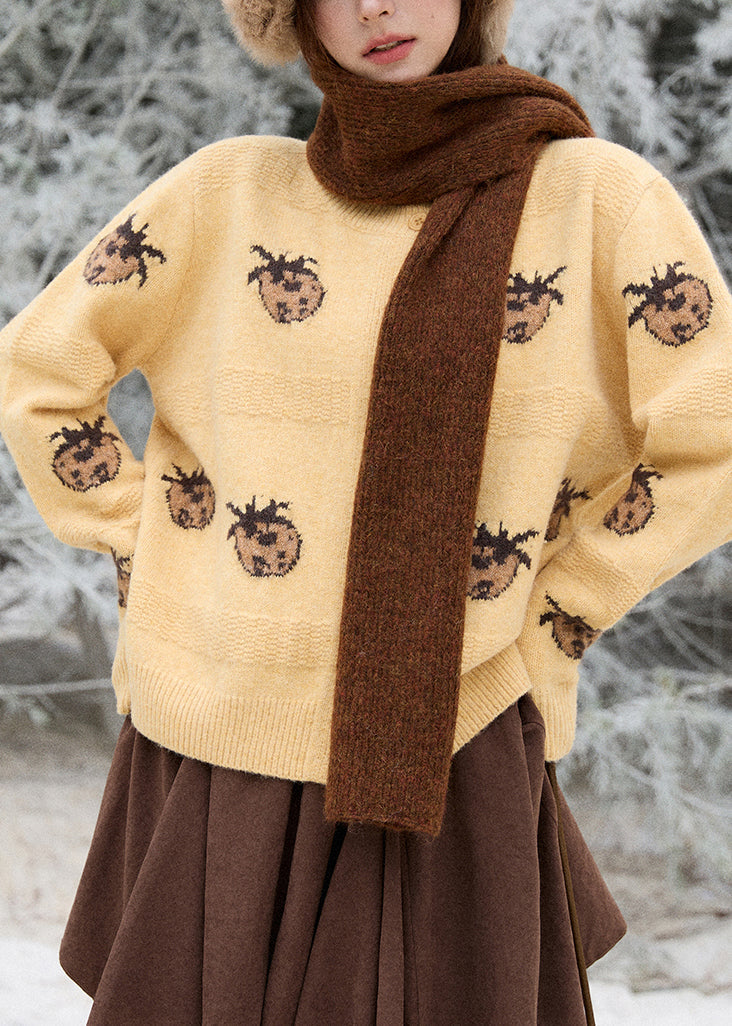 Cute Apricot Print Button Cotton Knit Cardigan Long Sleeve