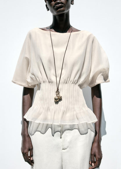Women Beige Wrinkled Tulle Patchwork Cotton Knit T Shirts Summer