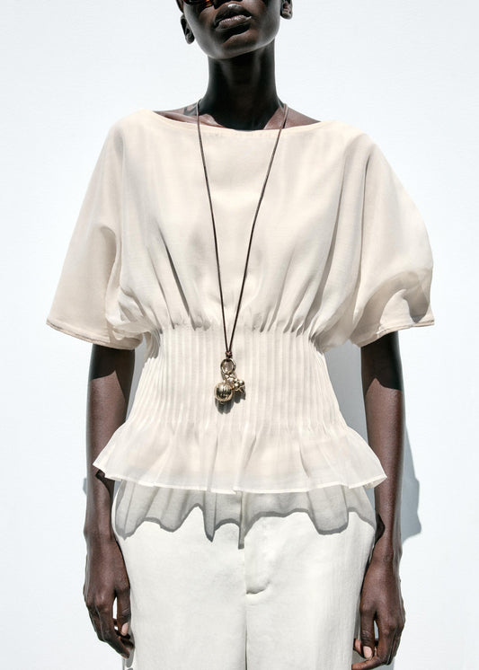 Women Beige Wrinkled Tulle Patchwork Cotton Knit T Shirts Summer