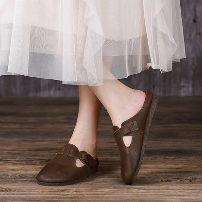 Women 2022 Leather Retro Casual Flat Slippers