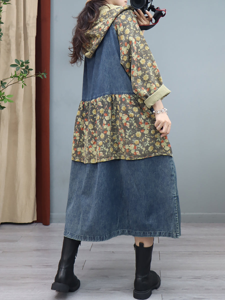 Women Denim Patchwork Print  Hooded Long Coat