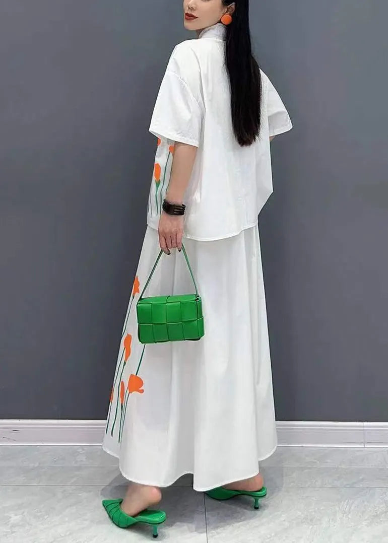 Brief White Peter Pan Collar Button Shirt And Skirts Two Piece Set Short Sleeve