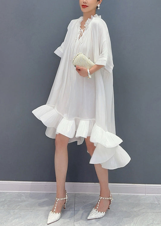 White V Neck Tie Solid Lace Asymmetrical Short Dress