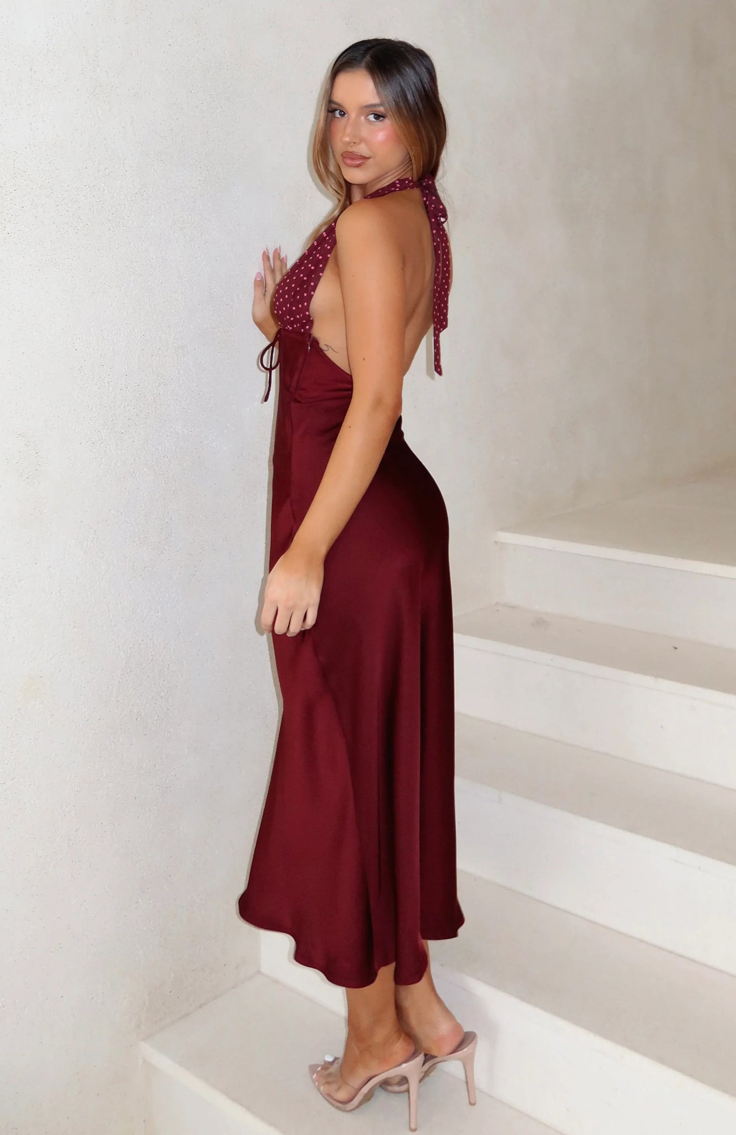 Guess You Miss Me Halter Midi Dress Burgundy/Pink Dot
