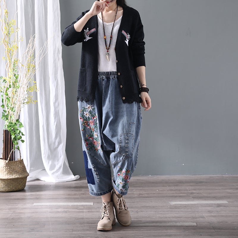 Denim Floral Pocket Low Drop Crotch Embroidered Jeans