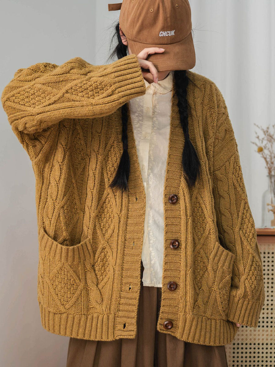 Women Winter Vintage Knitted Button Loose Sweater Cardigan