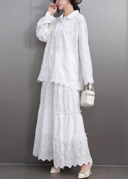Boutique White Embroidered Floral Lace Shirts And Maxi Skirts Two Pieces Set Flare Sleeve