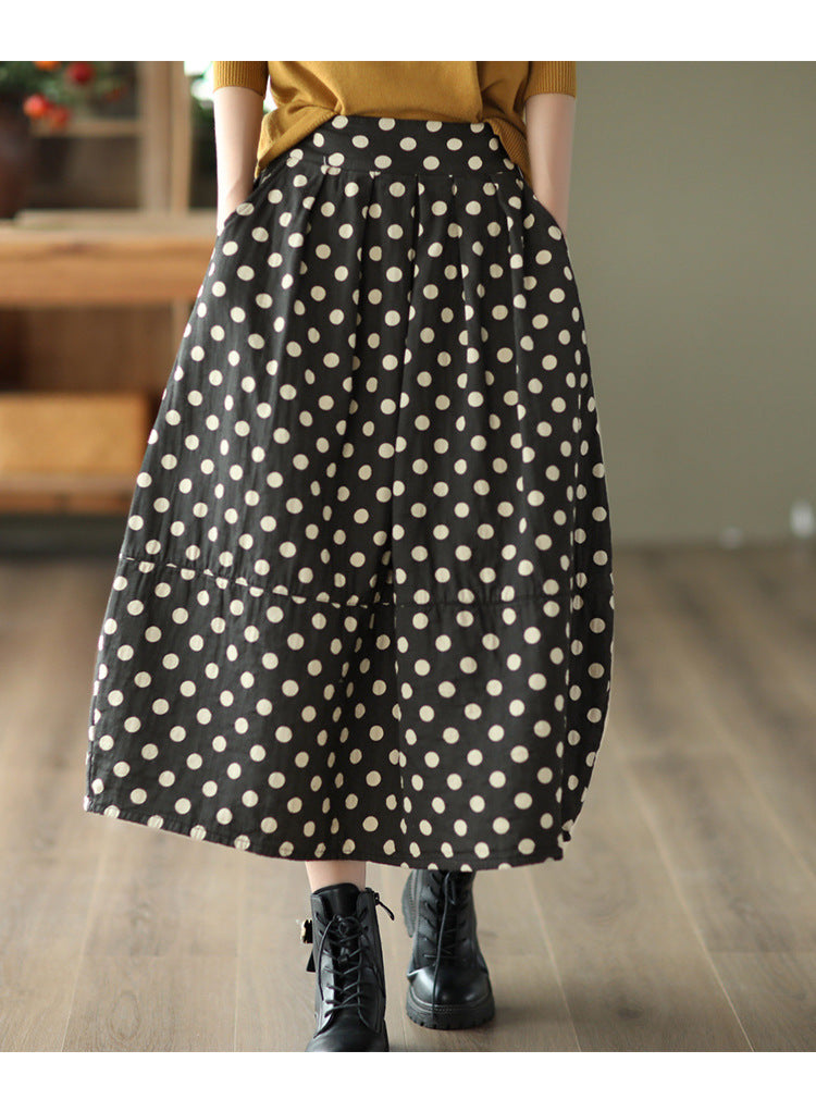Vintage Printed Cotton And Linen Slim Elastic Waist A-Line Skirt