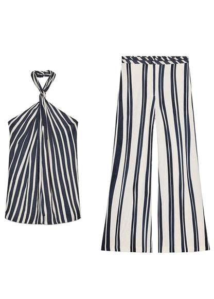 Slim Fit Striped Backless Tank And Pants Cotton Two Pieces Set Sleeveless
